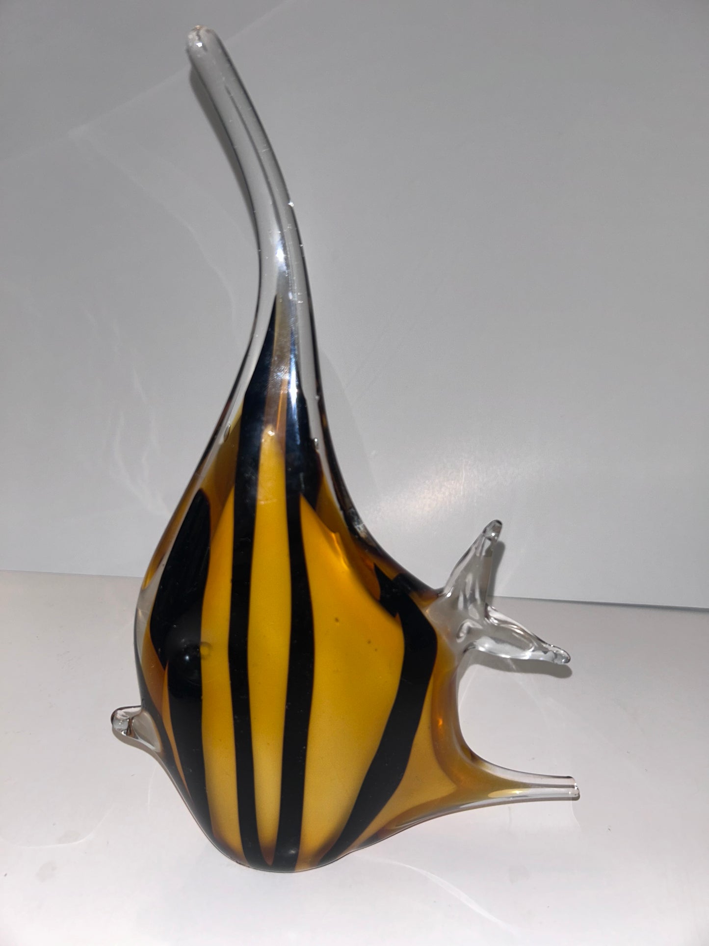 Magnificent Mid-Century Modern Amber & Black Striped Hand Blown Art Glass Angelfish 
Sculpture - Murano Style