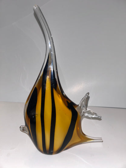 Magnificent Mid-Century Modern Amber & Black Striped Hand Blown Art Glass Angelfish 
Sculpture - Murano Style