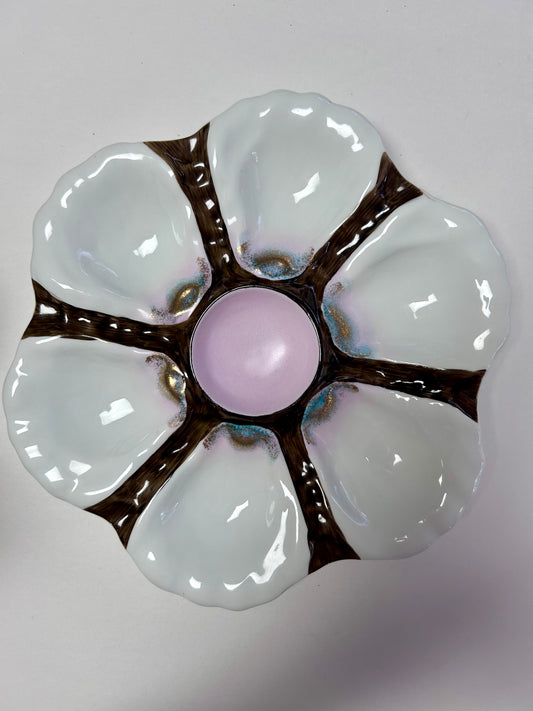 Vintage 6-Well Oyster Plate with Iridescent Pink Center