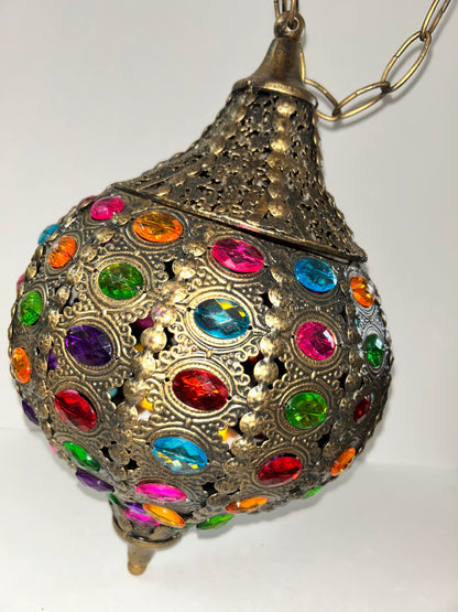 Pier 1 Imports Moroccan Caravan Brass Multicolor Gemstone Illuminating Pendant