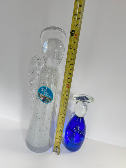 Hand-Blown Art Glass Angel
Figurines - Clear Speckled & Cobalt Blue Set