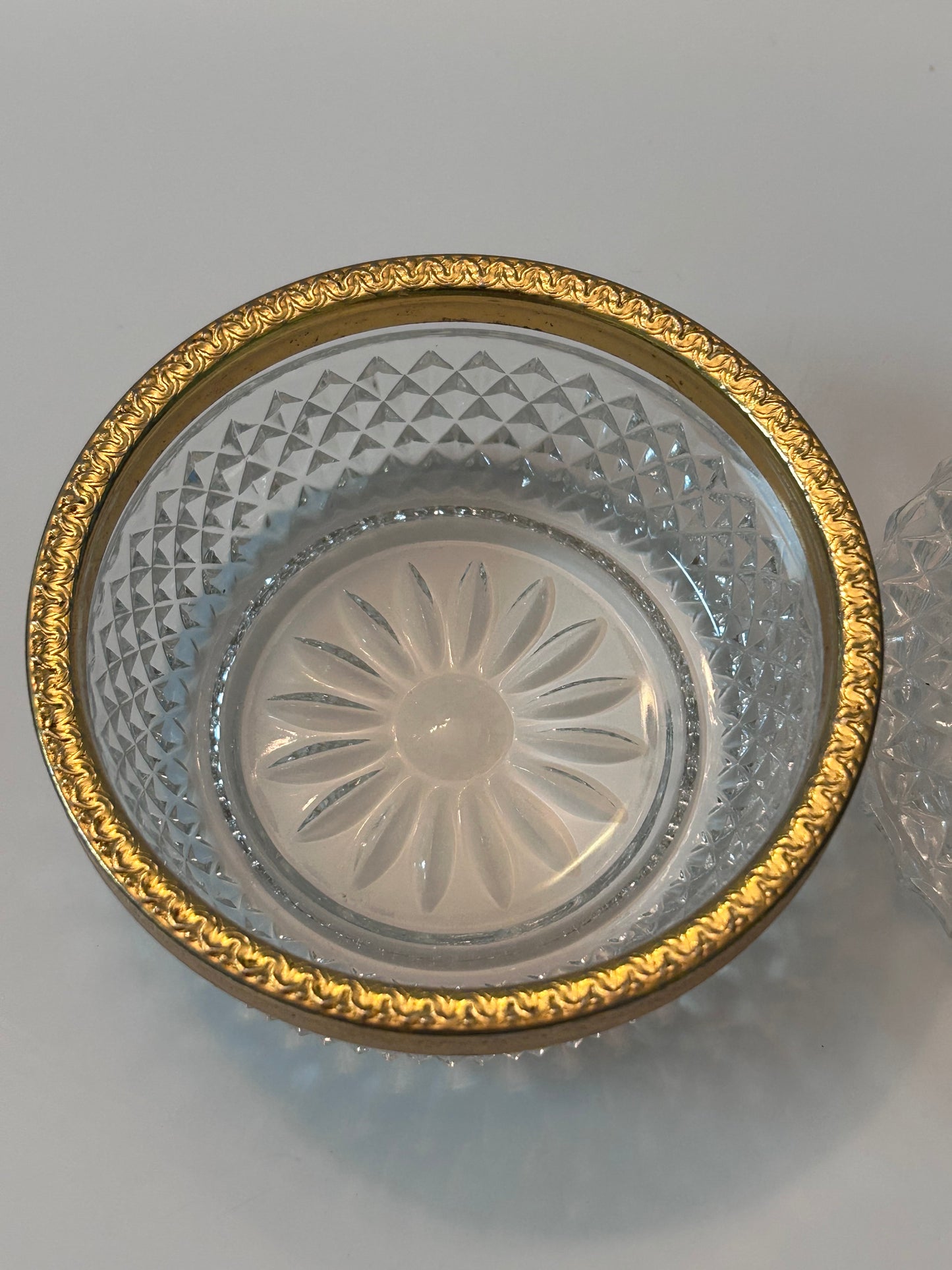Vintage Baccarat Style Diamond Cut Crystal (4.5”) Candy Dish/ Powder Box with Gilt Bronze Rim
