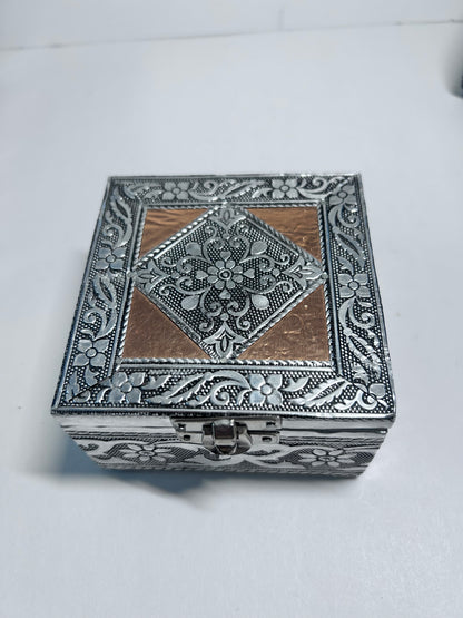 Vintage 4-Piece Handcrafted Embossed Silver Vanity & Jewelry Box Set w/ Coasters