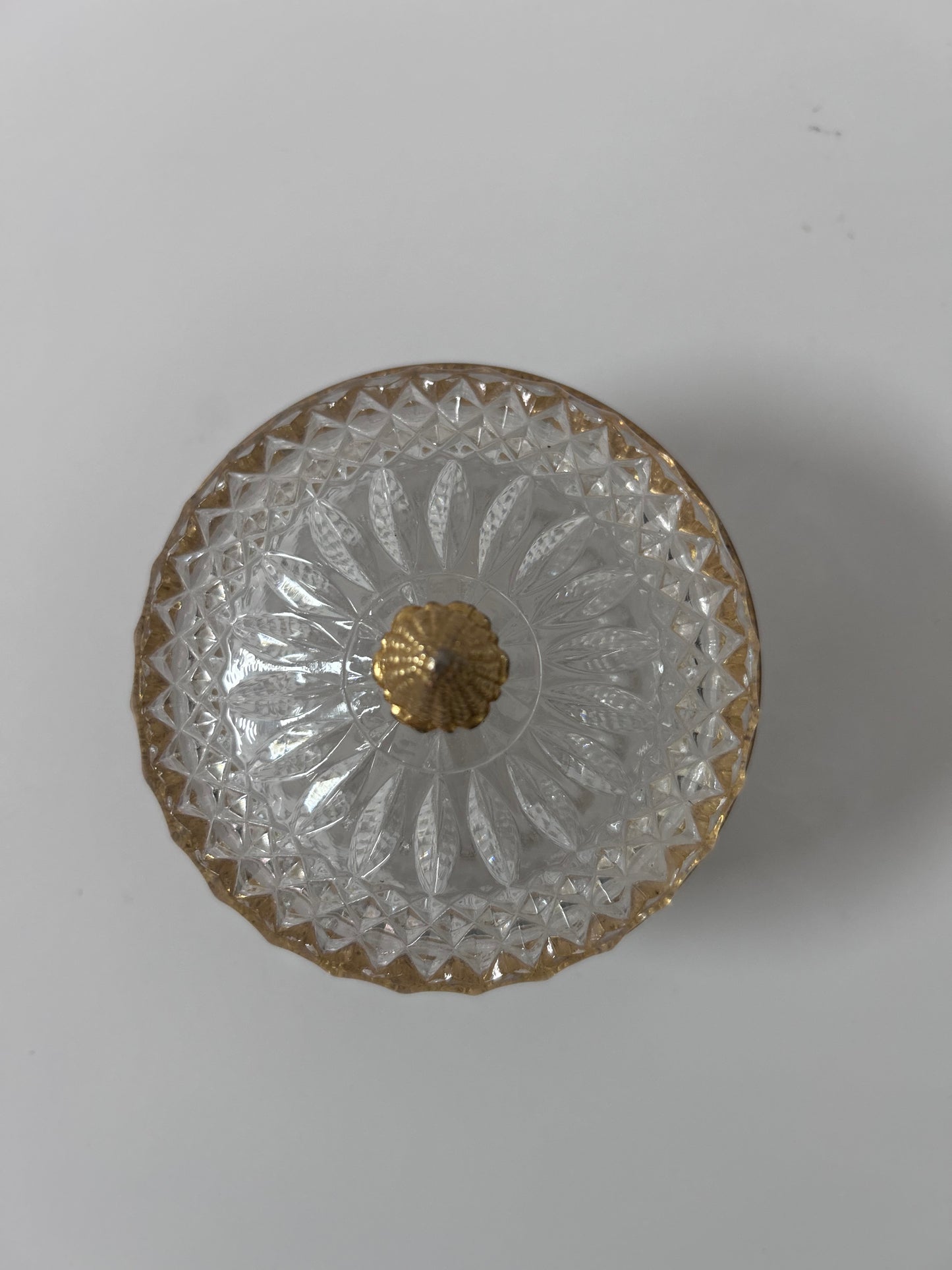 Vintage Baccarat Style Diamond Cut Crystal (4.5”) Candy Dish/ Powder Box with Gilt Bronze Rim