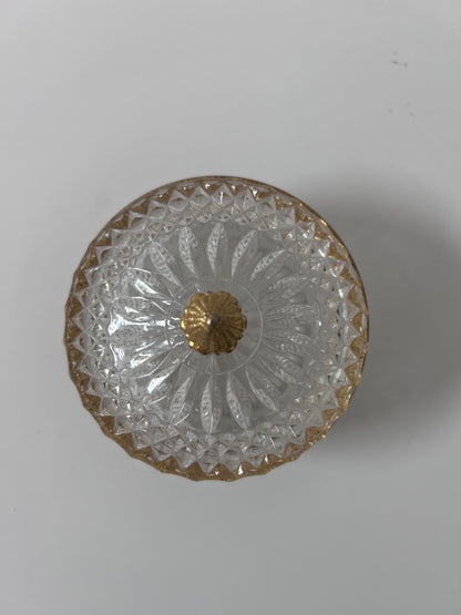 Vintage Baccarat Style Diamond Cut Crystal (4.5”) Candy Dish/ Powder Box with Gilt Bronze Rim