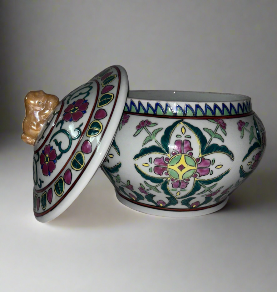Antique Chinese Famille Rose (8”)Porcelain Covered Bowl with Foo Dog Finial