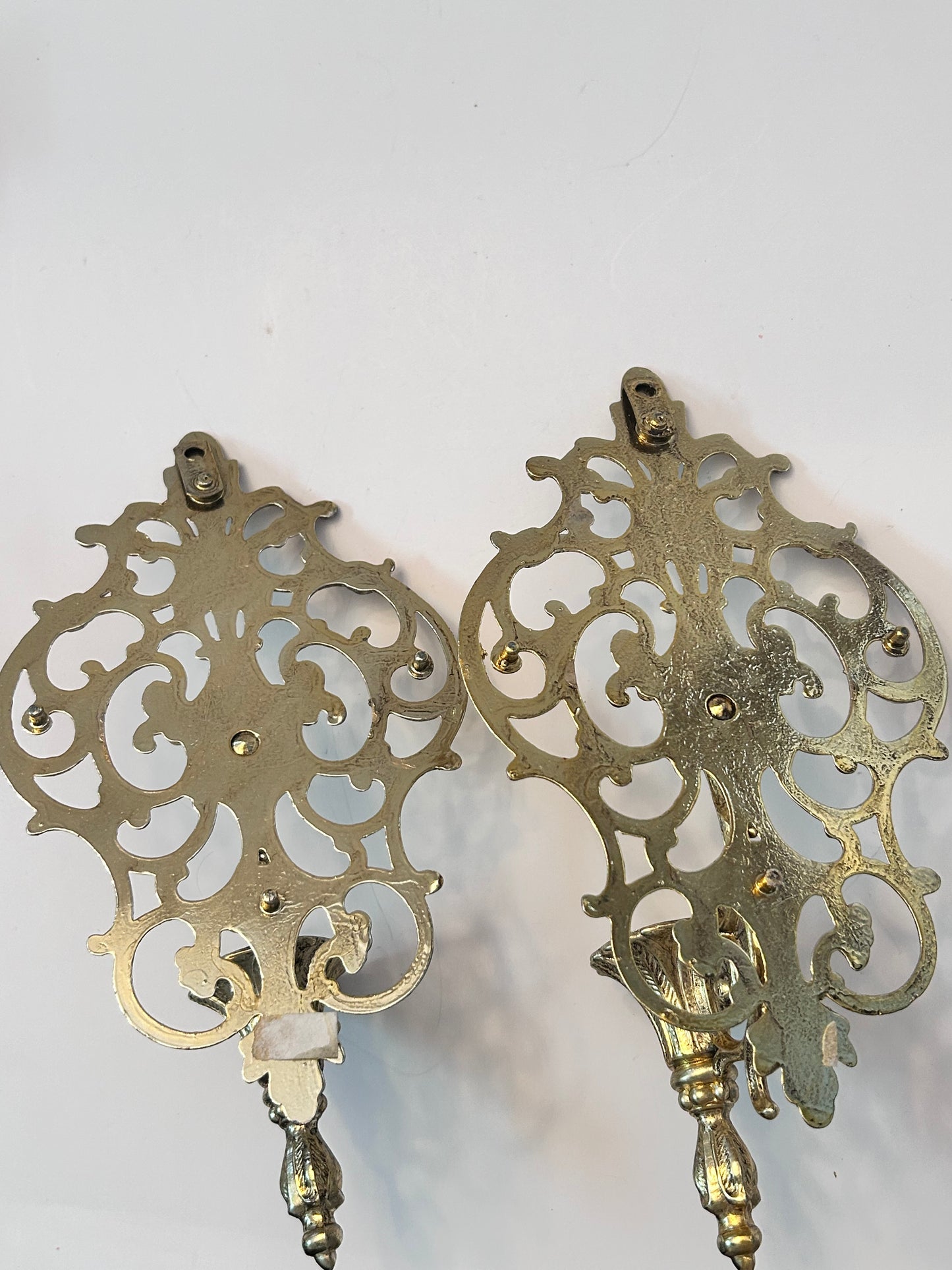 Pair of Vintage Mid Century Filigree Brass/Brass Plated Wall Sconces Candle Holders, French Rococo Style