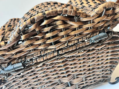 Vintage Woven Wicker Chest with Wrought Iron Scroll Feet & Twisted Metal Handles