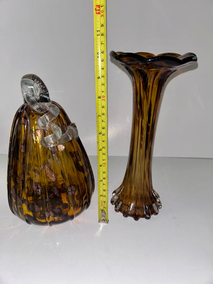 Stunning Mid-Century Modern Art Glass Hand Blown Set |Ruffled Flute Vase & Ribbed Pumpkin