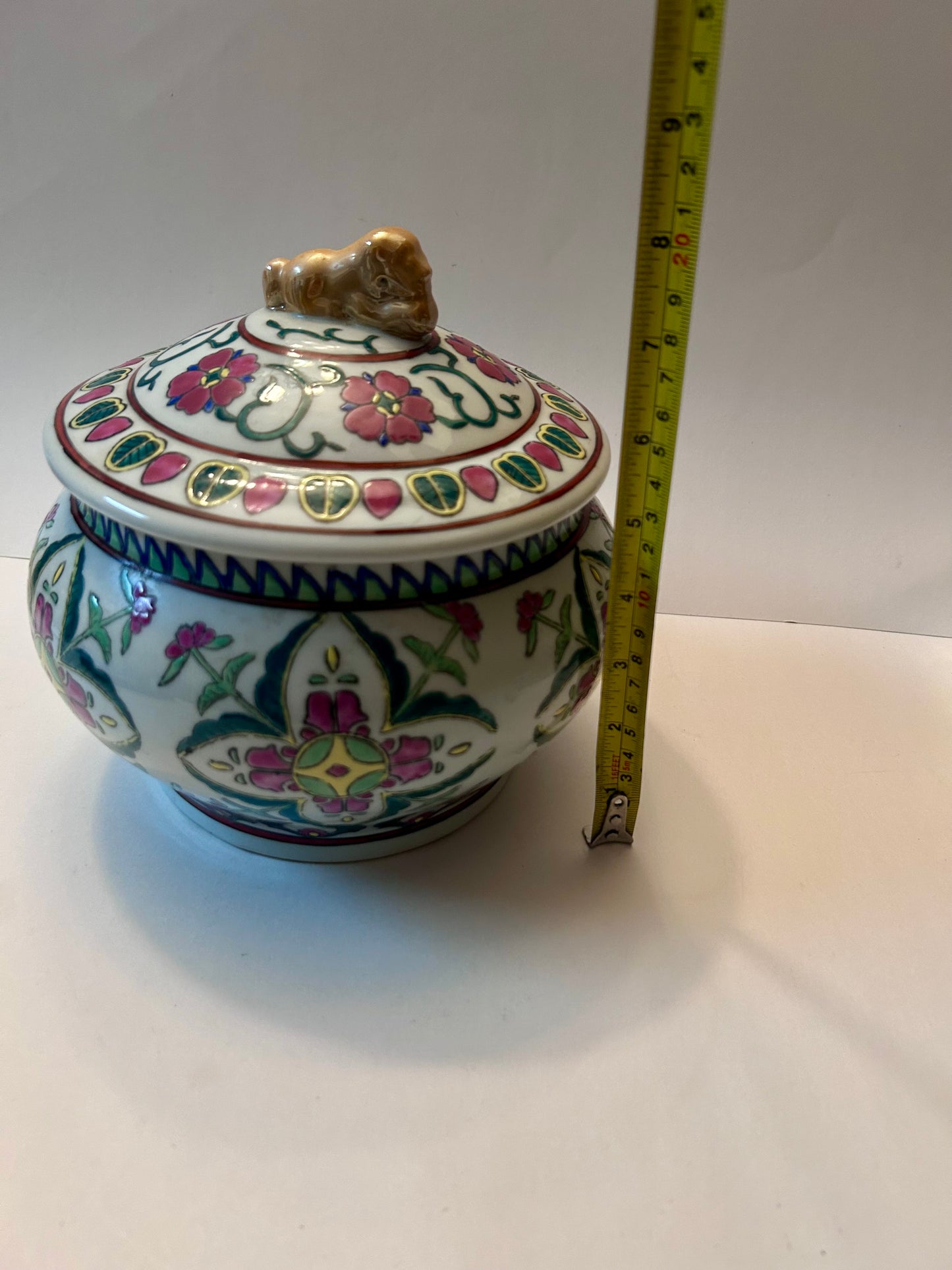 Antique Chinese Famille Rose (8”)Porcelain Covered Bowl with Foo Dog Finial