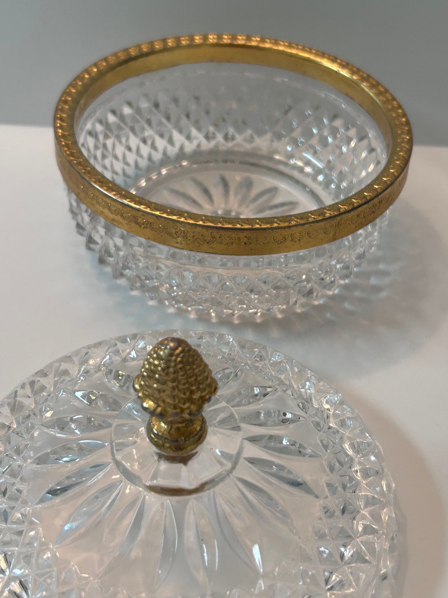Vintage Baccarat Style Diamond Cut Crystal (4.5”) Candy Dish/ Powder Box with Gilt Bronze Rim