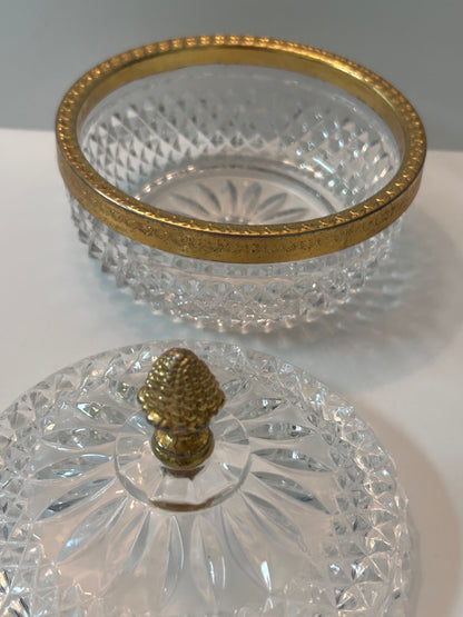 Vintage Baccarat Style Diamond Cut Crystal (4.5”) Candy Dish/ Powder Box with Gilt Bronze Rim