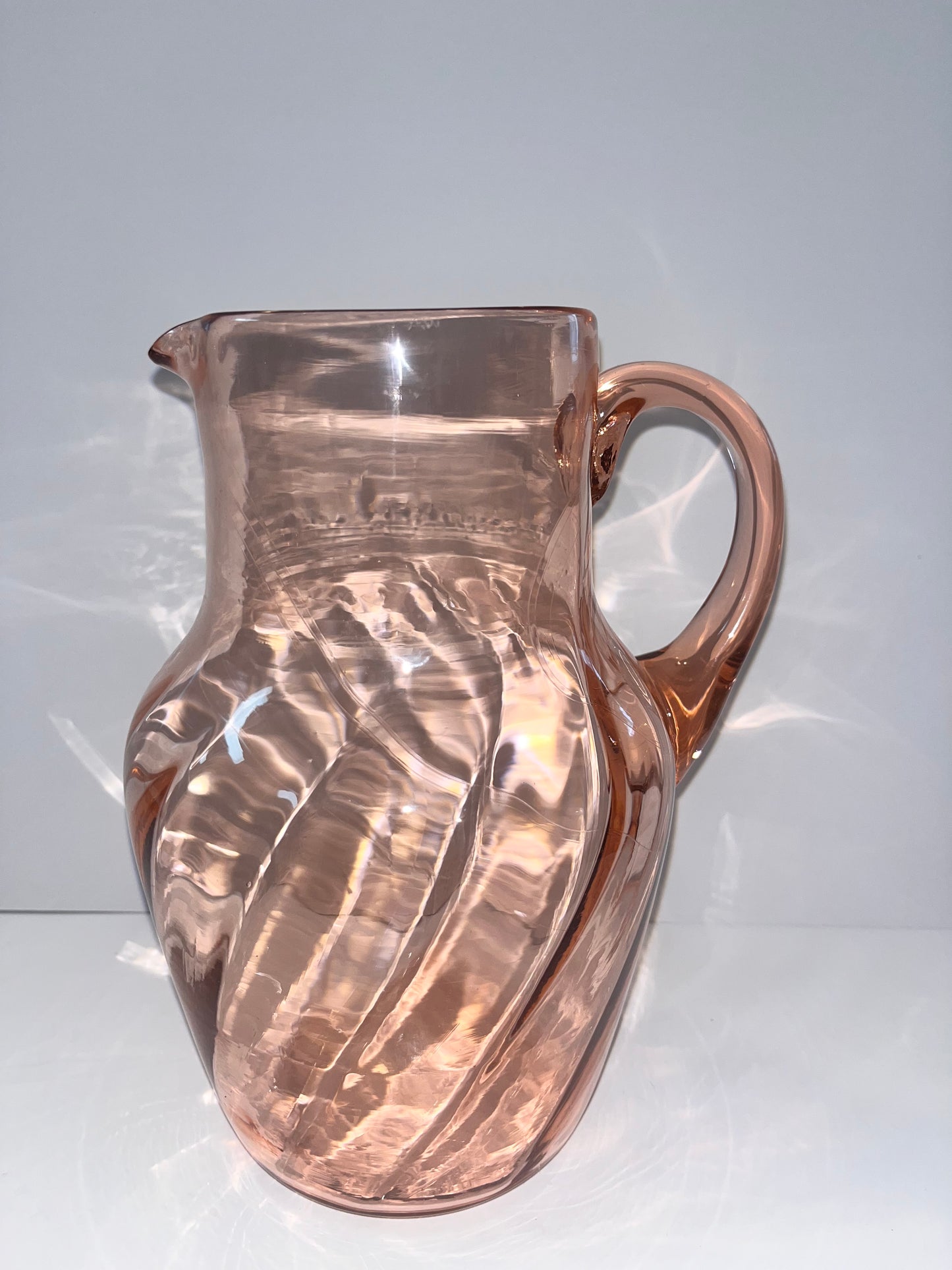 Vintage Pink Depression Glass Hand-Blown Swirl & Optic Pitcher