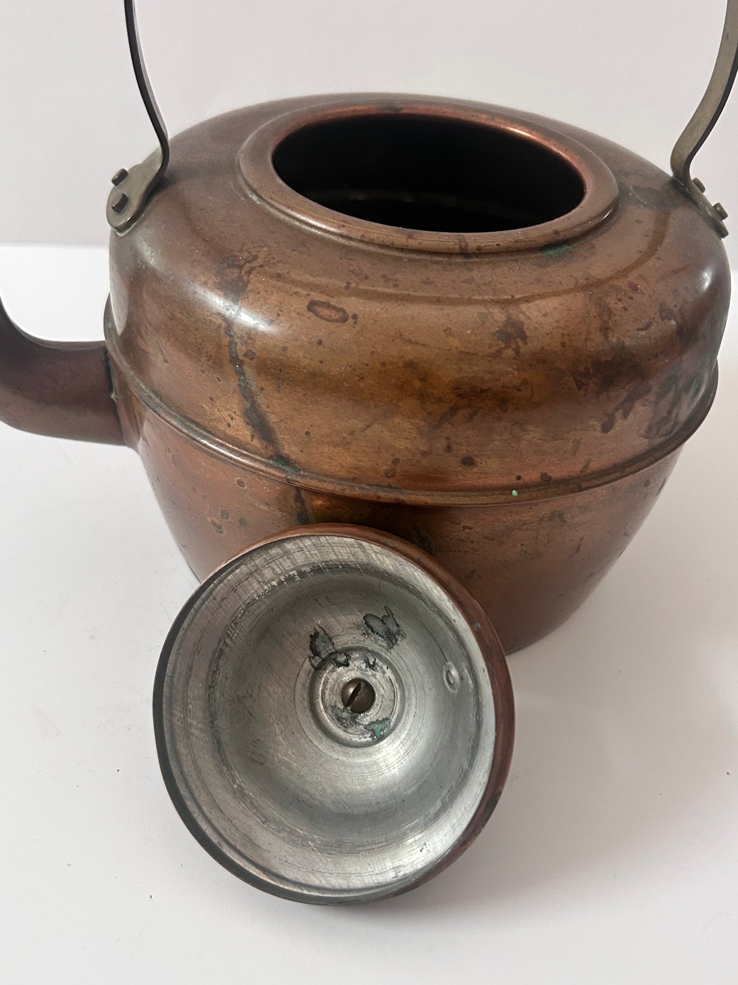 Antique English Copper Tea Kettle - c. 1920s - Gooseneck Wood Handle & Patina - Large