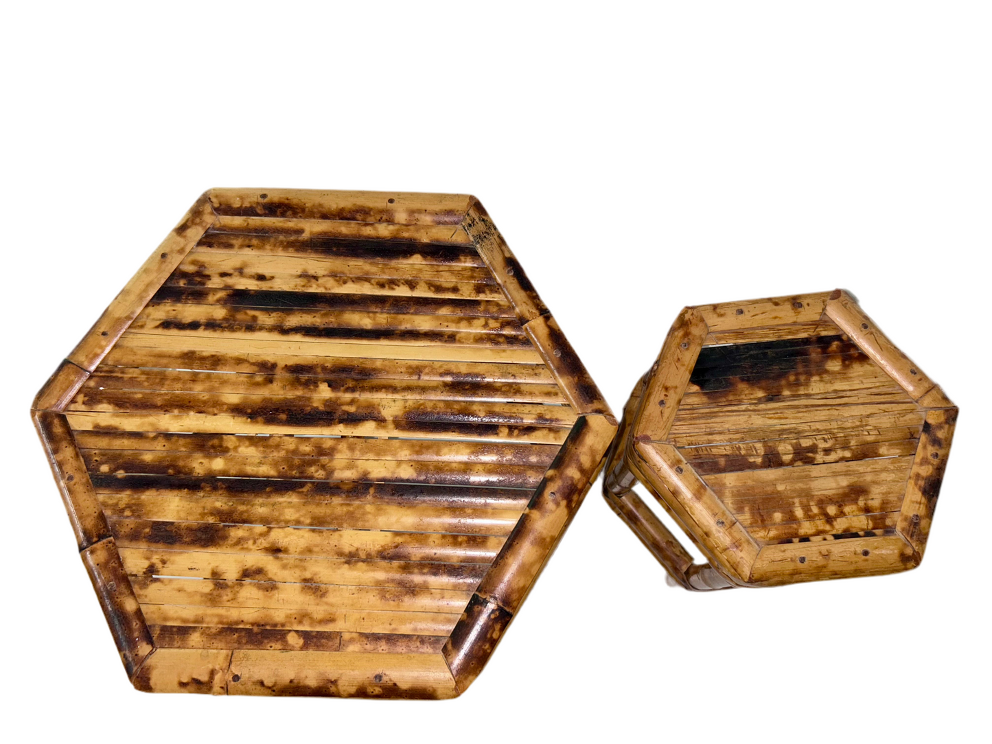 Vintage Burnt Bamboo Hexagonal Plant Stands Nesting Table Raisers (Set of 2)