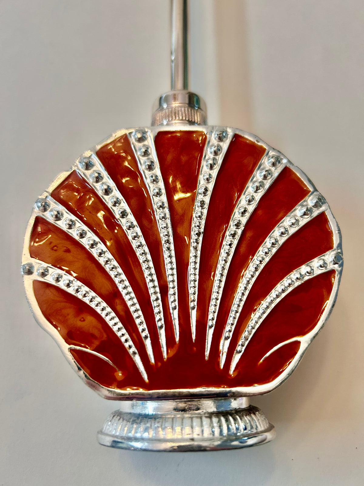 Vintage 3-Piece Red Enamel & Silver-Tone Shell Vanity Set - Perfume Sprinkler, Powder Jar & Dabber Bottle