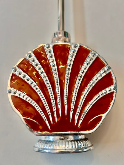 Vintage 3-Piece Red Enamel & Silver-Tone Shell Vanity Set - Perfume Sprinkler, Powder Jar & Dabber Bottle