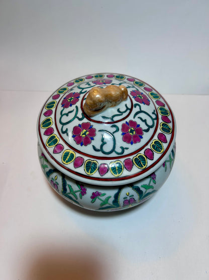 Antique Chinese Famille Rose (8”)Porcelain Covered Bowl with Foo Dog Finial