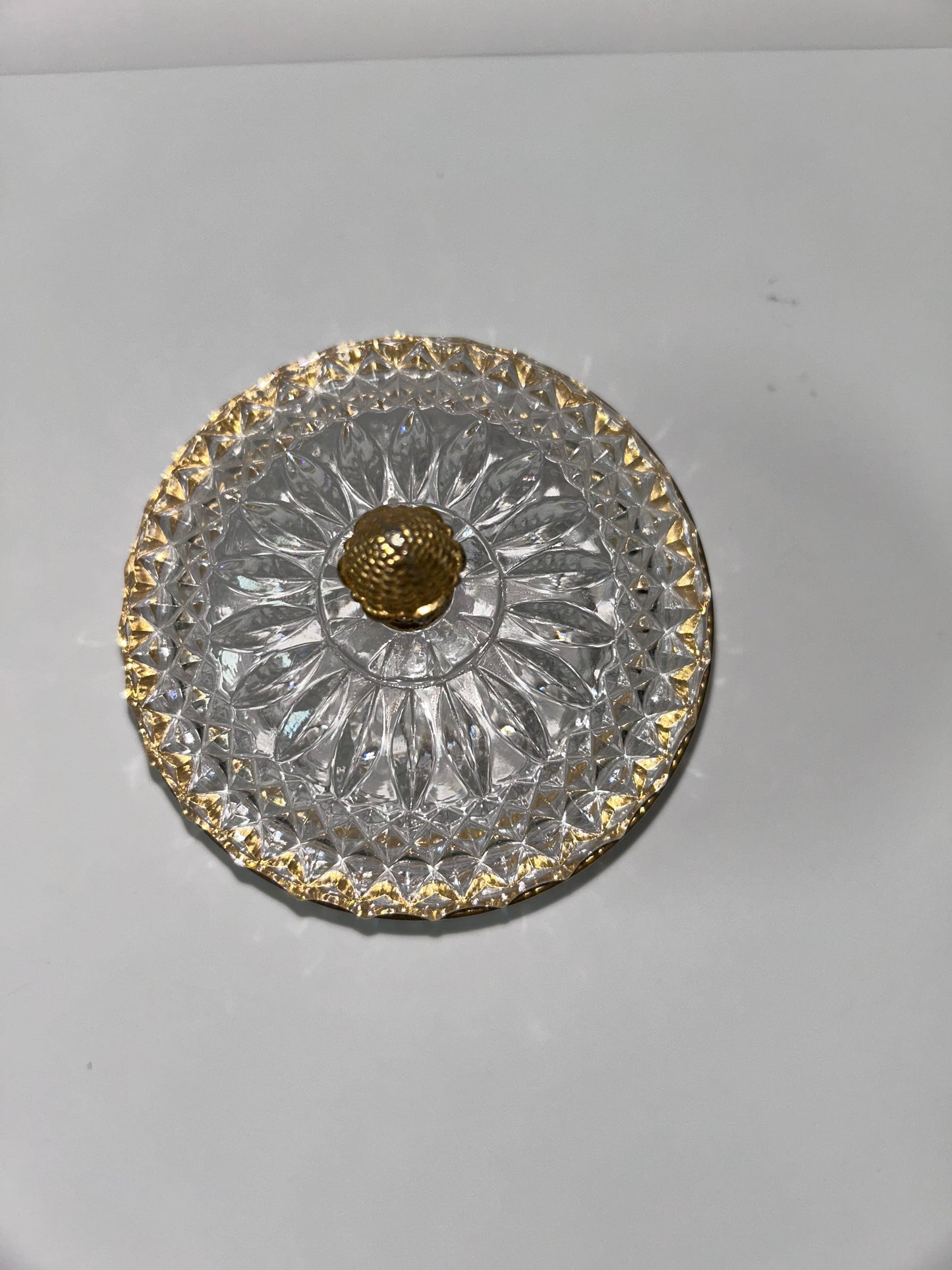 Vintage Baccarat Style Diamond Cut Crystal (4.5”) Candy Dish/ Powder Box with Gilt Bronze Rim
