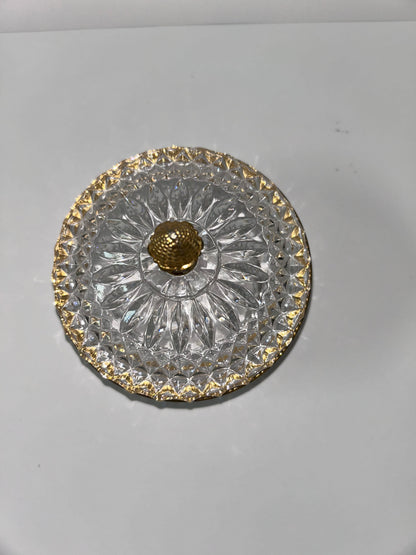 Vintage Baccarat Style Diamond Cut Crystal (4.5”) Candy Dish/ Powder Box with Gilt Bronze Rim
