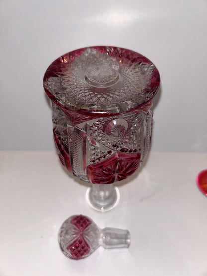 9-Pc Hollywood Regency Ruby Cut-to-Clear Decanter & Ormolu Mirrored Tray Set