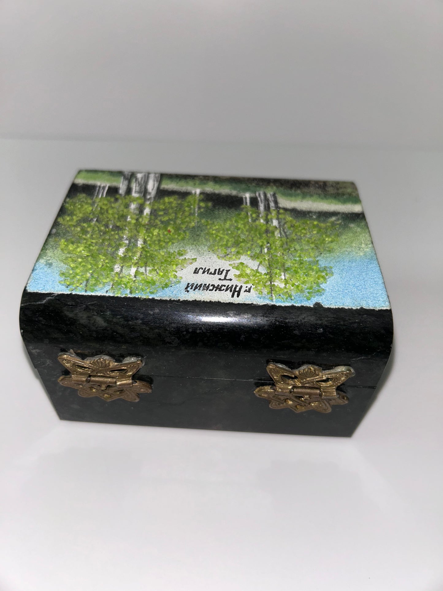Vintage Russian Green Ural Serpentine Small Trinket Mosaic Hinged Casket - Birch Tree Scene
