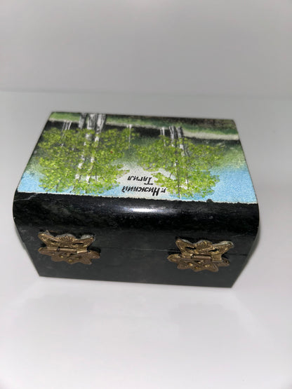 Vintage Russian Green Ural Serpentine Small Trinket Mosaic Hinged Casket - Birch Tree Scene