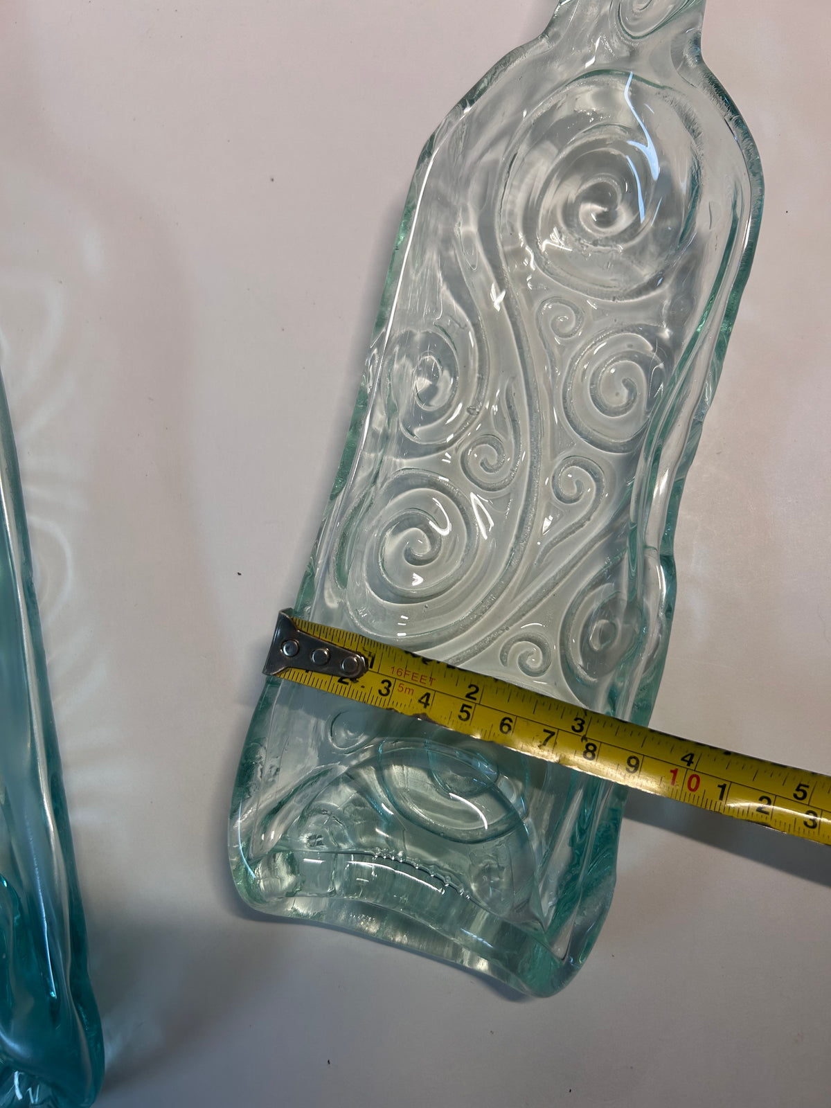 Pair of Melted / Slumped Glass Wine Bottle Serving Dishes with Embossed Swirl Pattern ( L- M Size)