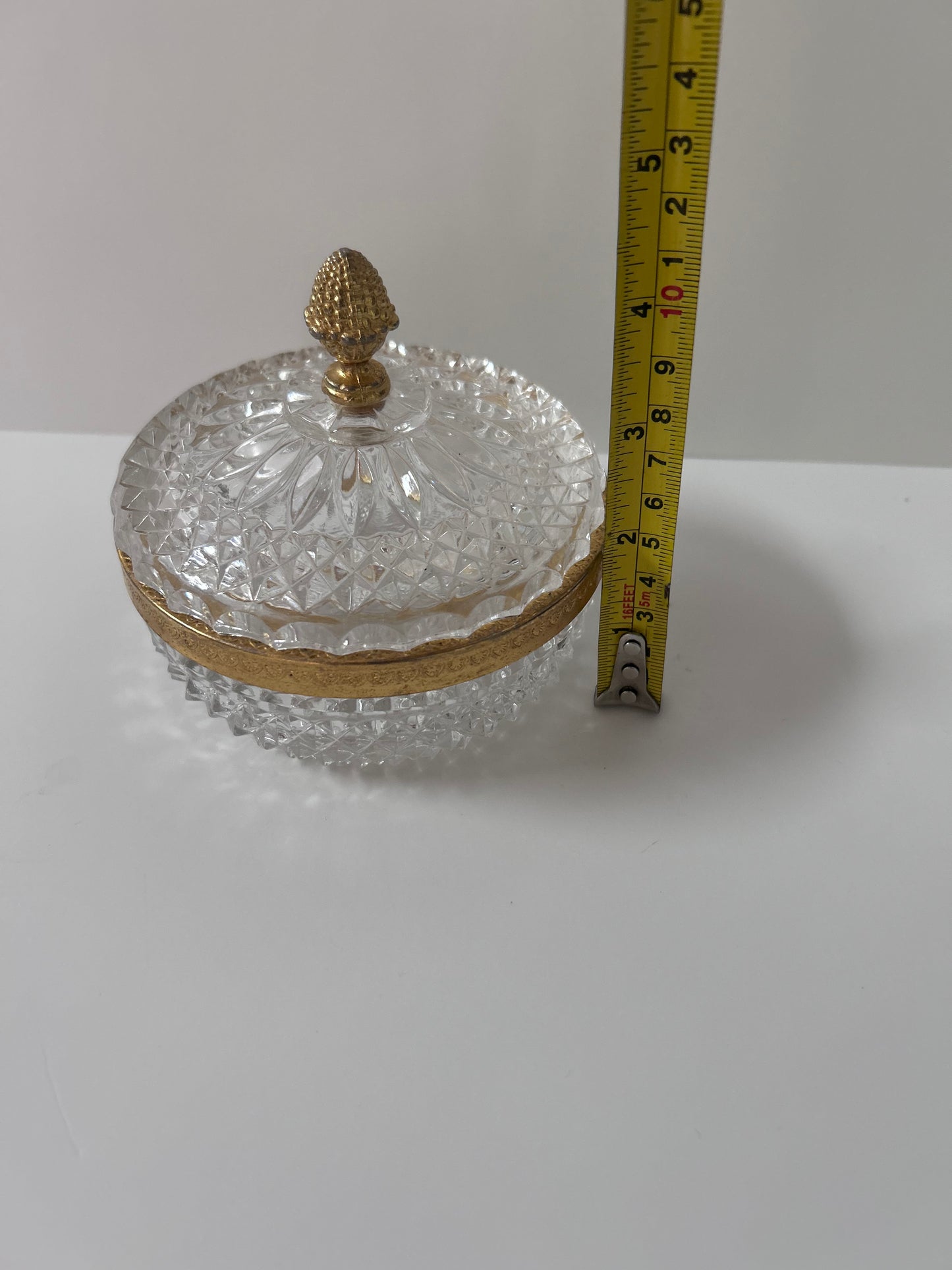 Vintage Baccarat Style Diamond Cut Crystal (4.5”) Candy Dish/ Powder Box with Gilt Bronze Rim