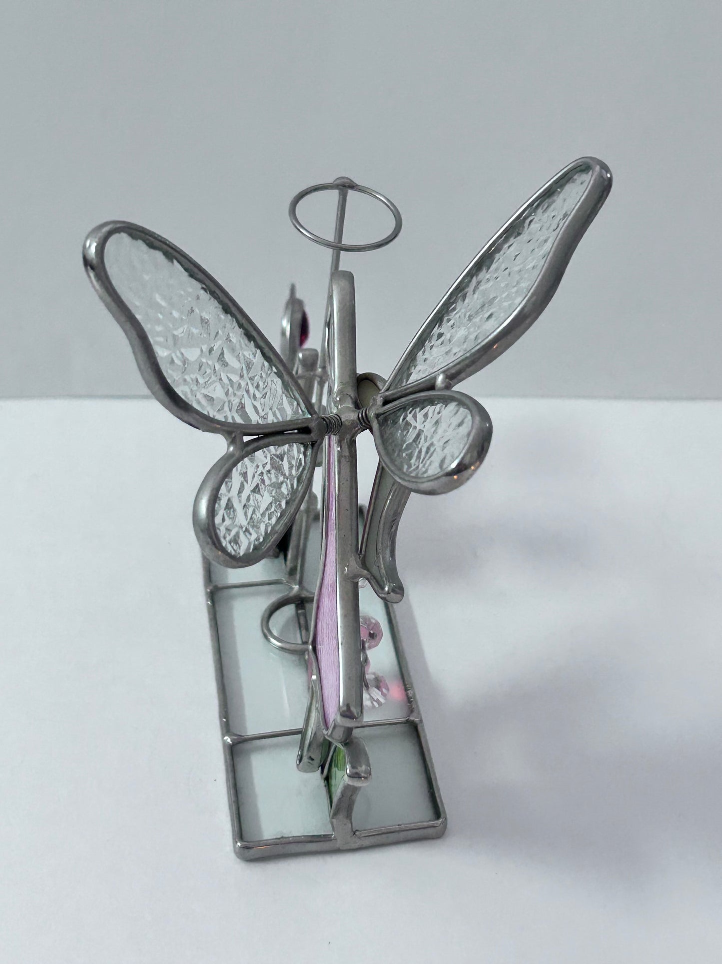 Vintage Stained Glass Candle Holder Lot (Set of 4) - Pink Flower with Blue Butterfly, Angel, Fairy Garden & Jeweled Votive Cup