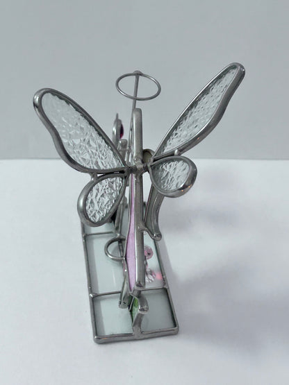 Vintage Stained Glass Candle Holder Lot (Set of 4) - Pink Flower with Blue Butterfly, Angel, Fairy Garden & Jeweled Votive Cup