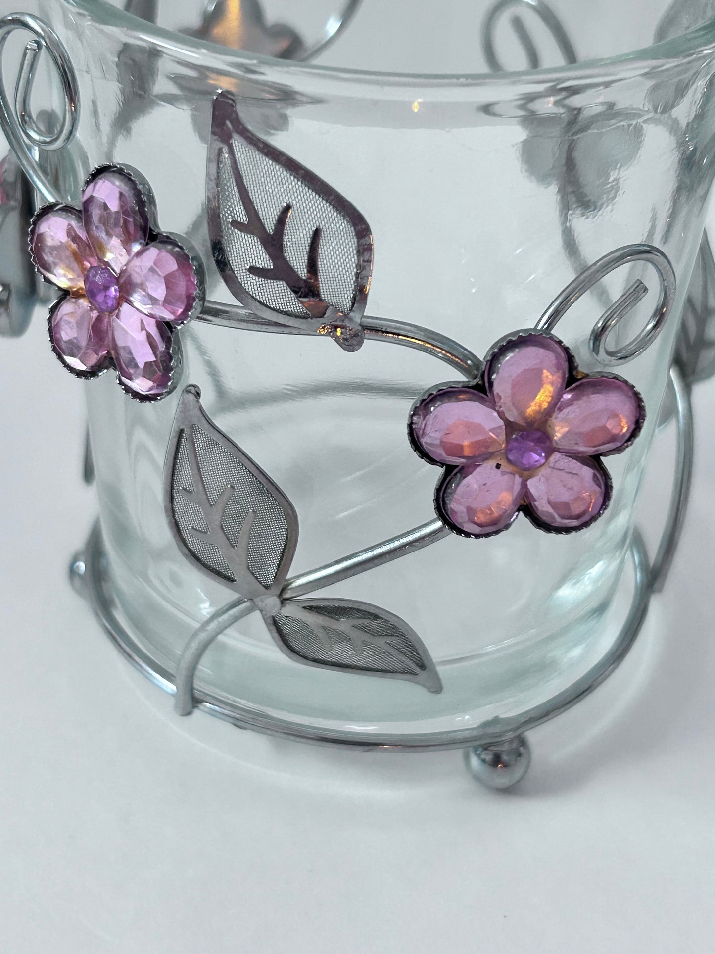Vintage Stained Glass Candle Holder Lot (Set of 4) - Pink Flower with Blue Butterfly, Angel, Fairy Garden & Jeweled Votive Cup