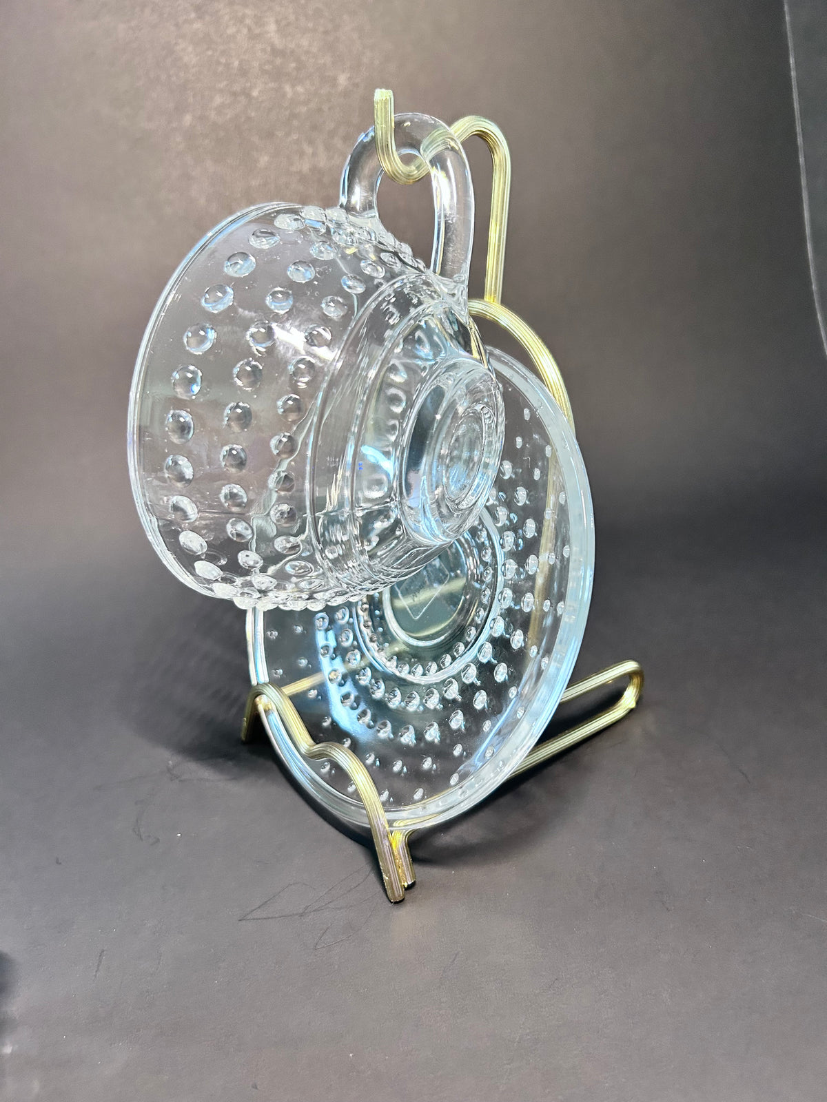Clear Hobnail Glassware 4-Piece Set - Goblet, Tumbler with Glass Straw, Teacup & Saucer - Made in Portugal