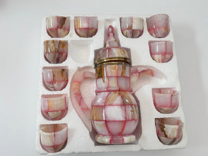 The Rose Onyx Collection: New Handcrafted Stone Dallah & Coffee Service (12-Piece Set)