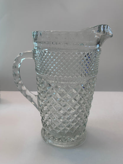 Vintage Anchor Hocking Wexford Diamond Cut Clear Glass Pitcher and 6 Tumblers Set