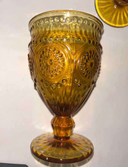 Vintage-Inspired Amber Glass Dinnerware Set (11 PCS): Pier 1 Textured Plates, Rosanna
'Parisian' Goblets & Ruffled Nesting Dishes