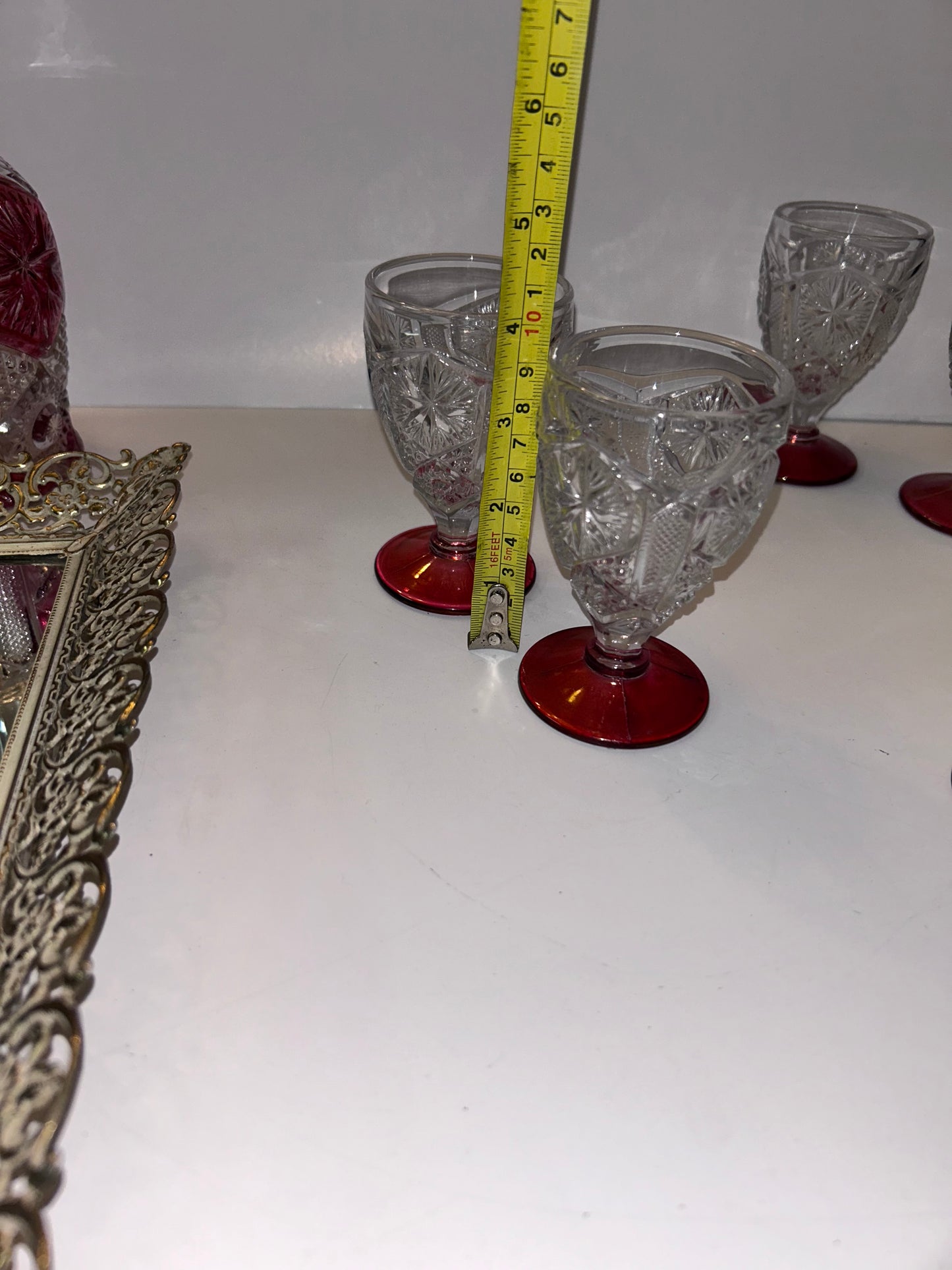 9-Pc Hollywood Regency Ruby Cut-to-Clear Decanter & Ormolu Mirrored Tray Set