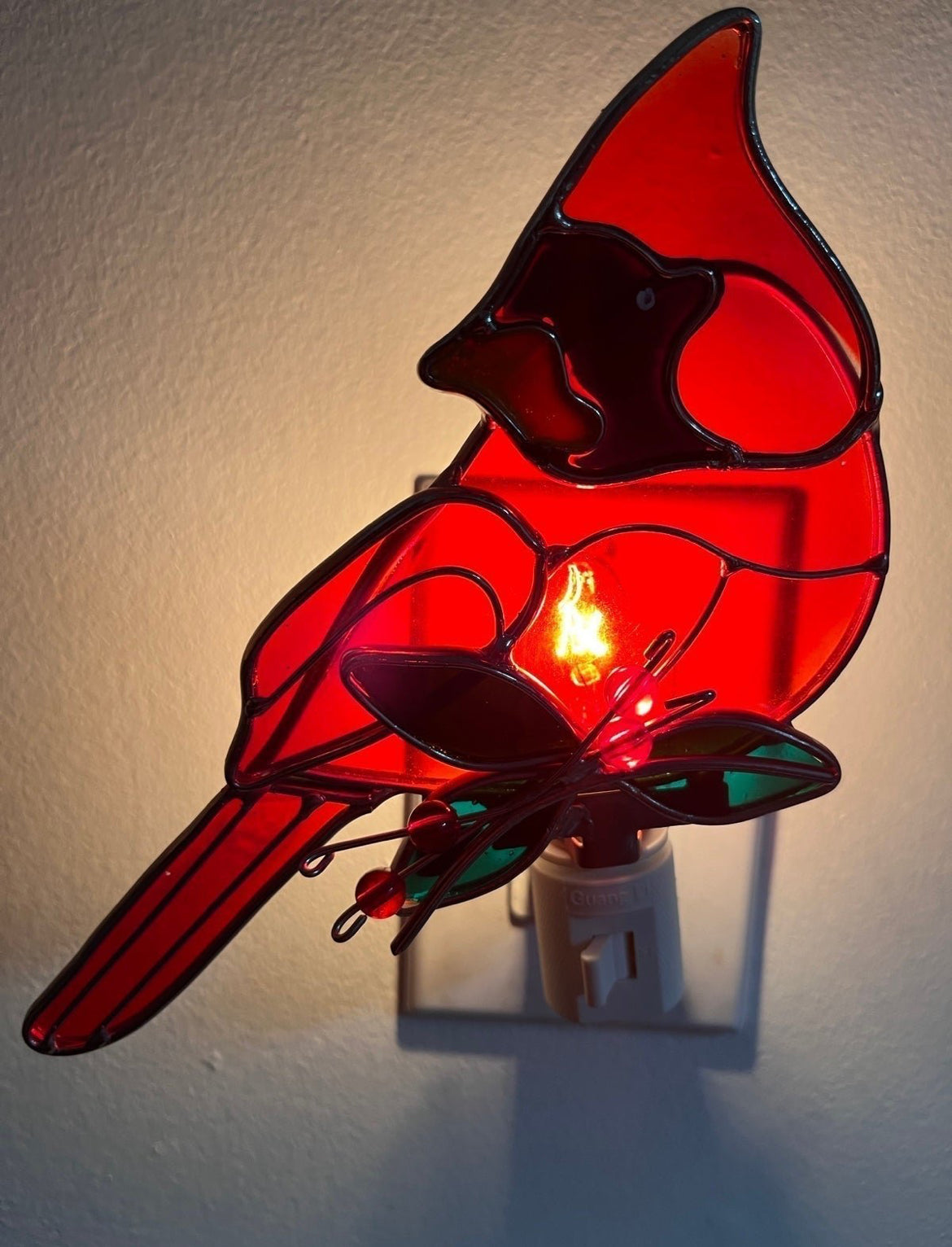 Vintage Stained Glass Christmas Bell & Cardinal Light Set