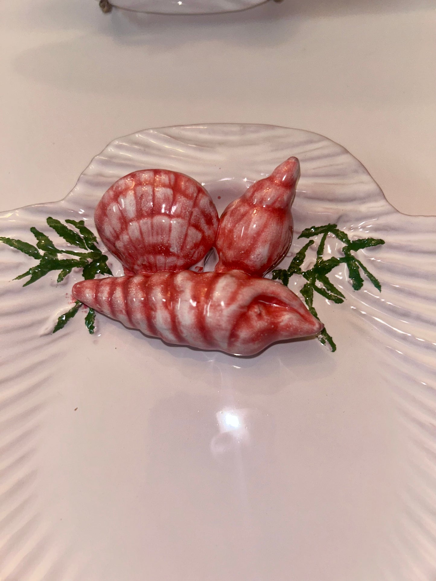 Pair Vtg Portuguese MAJOLICA Scallop Shell Plates, 3D Pink Shrimp Relief