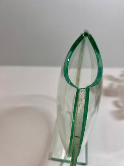 Unique Vintage Sculptural Green-Tint Art Glass "Floating Orbit" Vase (8.25”)Modernist Art Piece