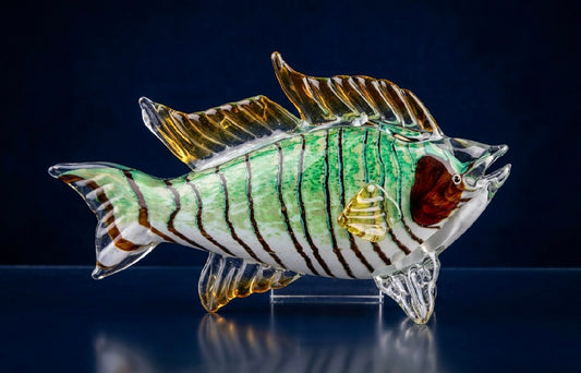 Unique Hand-Blown Art Glass Fish Sculpture - Green & Amber -Large (13" × 8")