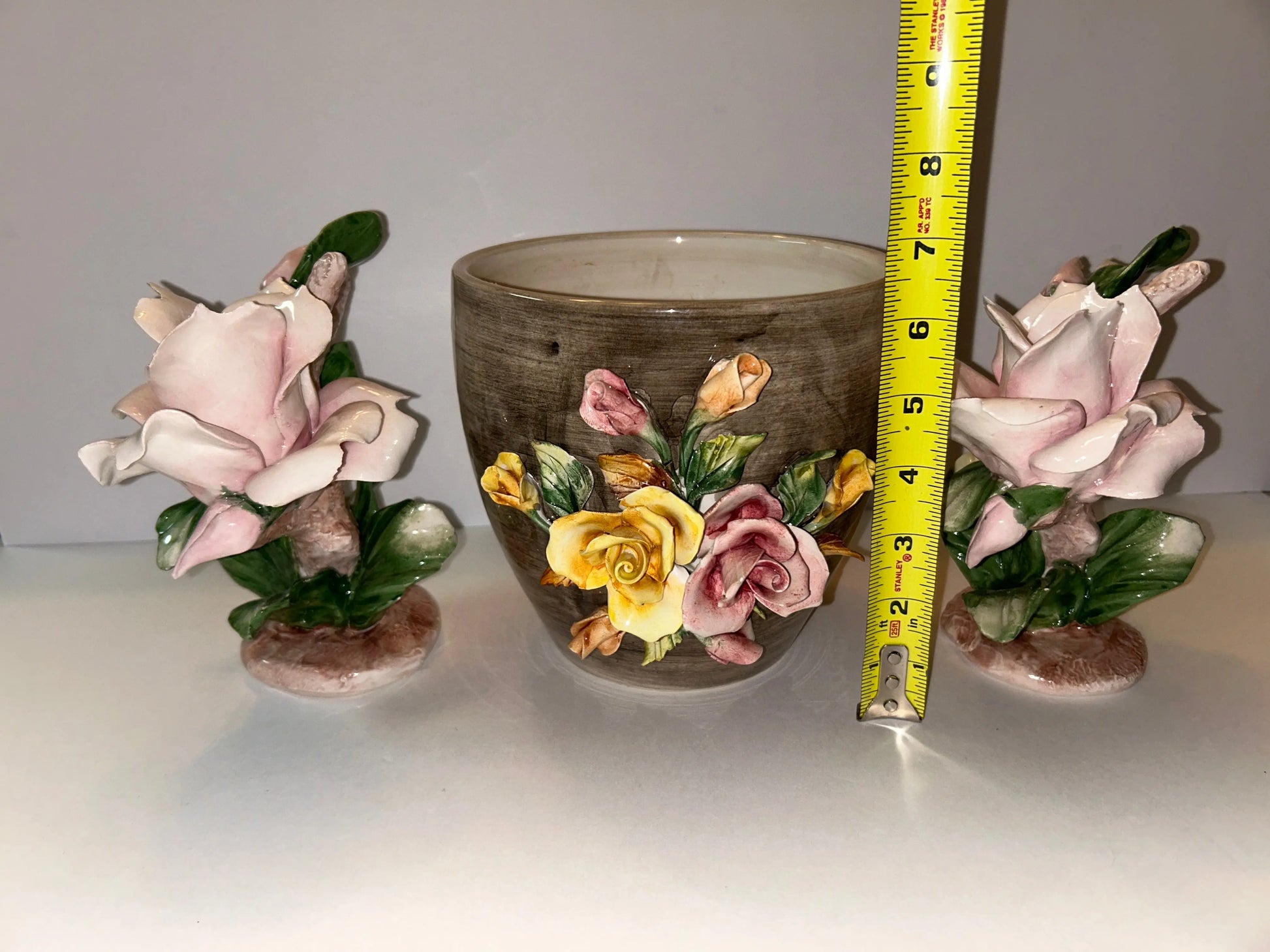 Capodimonte Signed Rosebud Trio Candle Holders/Vintage Vase 