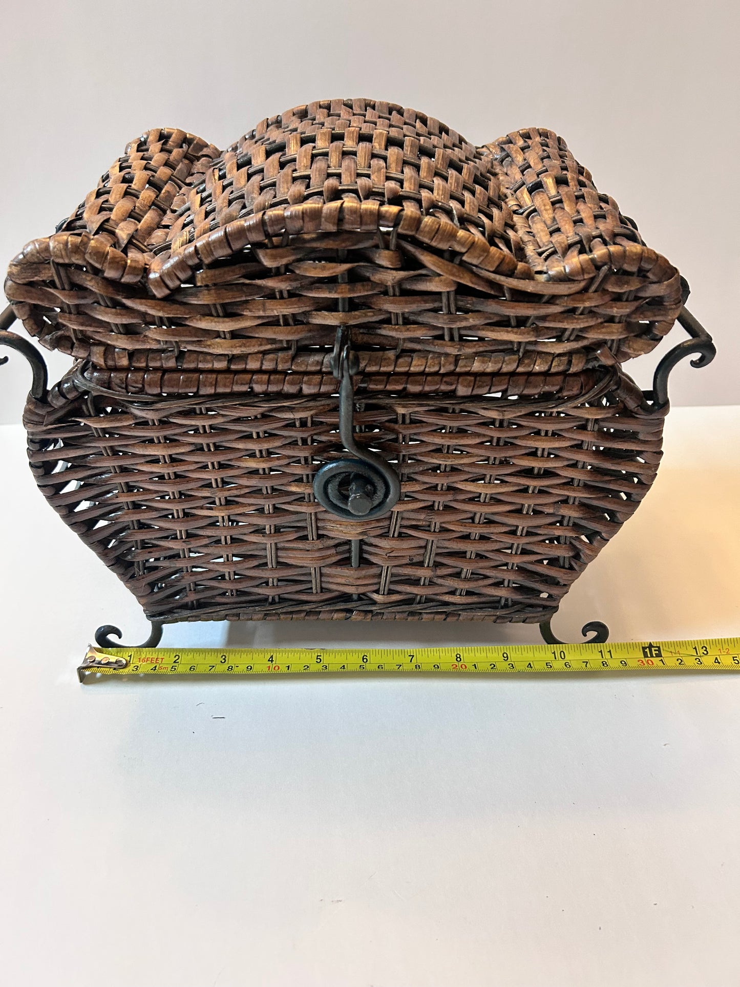 Vintage Woven Wicker Chest with Wrought Iron Scroll Feet & Twisted Metal Handles