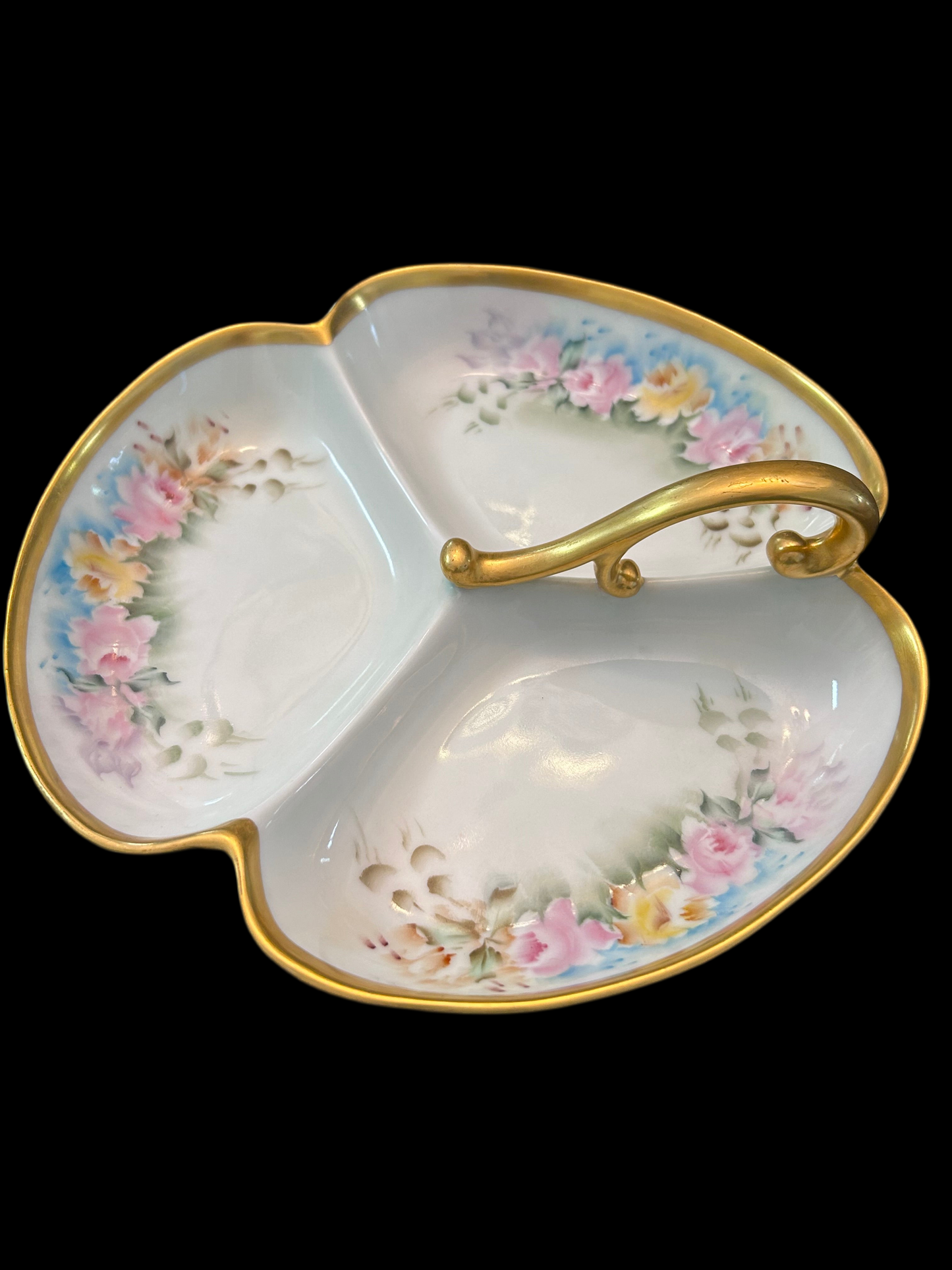 Antique Prussia Signed R.S. Germany Hand Painted Floral Three-Part Serving Dish