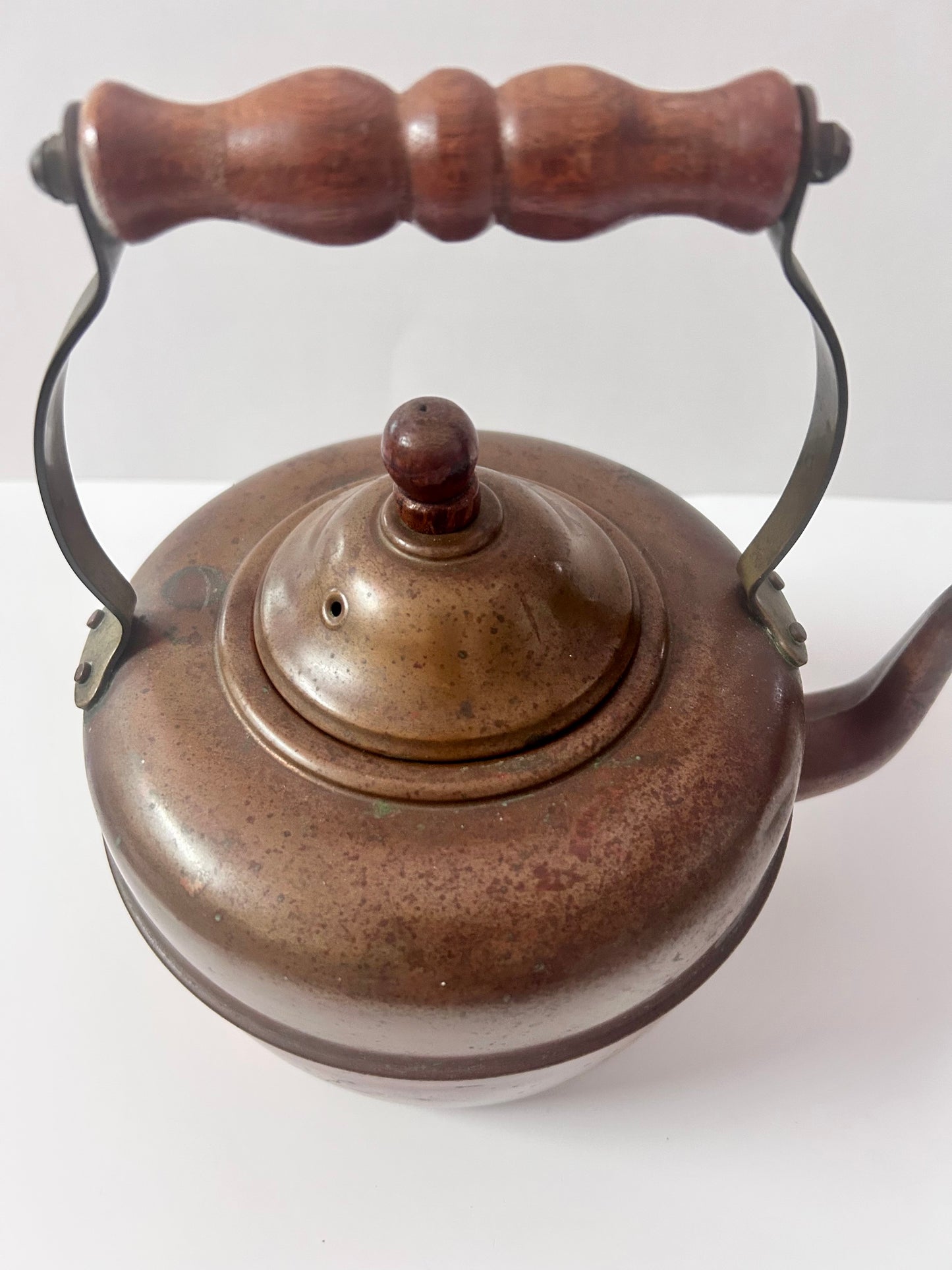 Antique English Copper Tea Kettle - c. 1920s - Gooseneck Wood Handle & Patina - Large