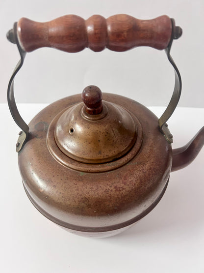 Antique English Copper Tea Kettle - c. 1920s - Gooseneck Wood Handle & Patina - Large