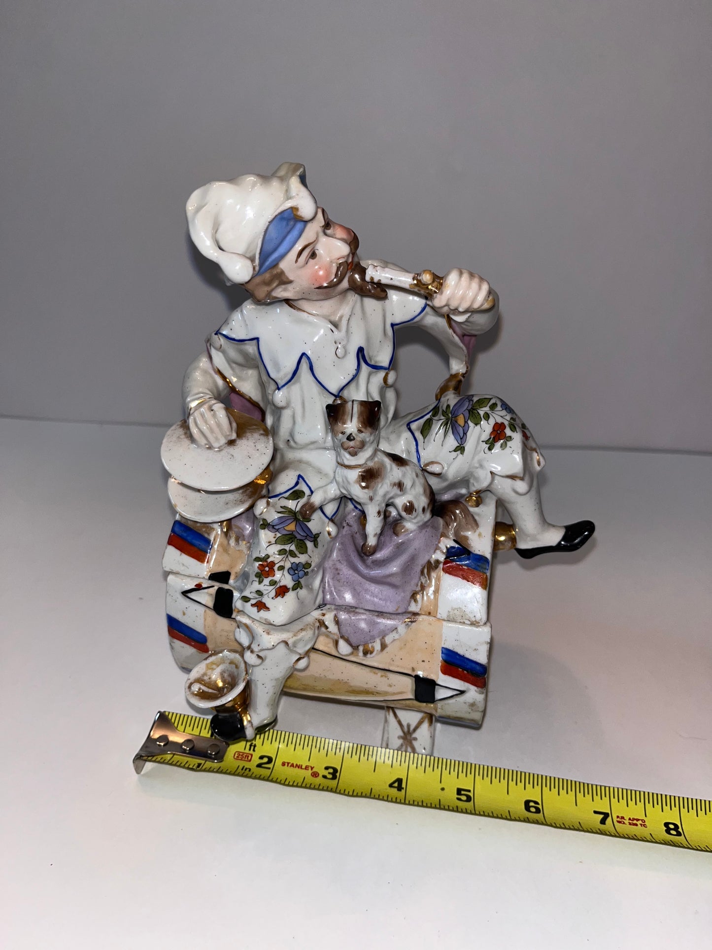 Antique German Porcelain Figurine Biscuit Barrel Jester & Dog Trinket Lidded Box