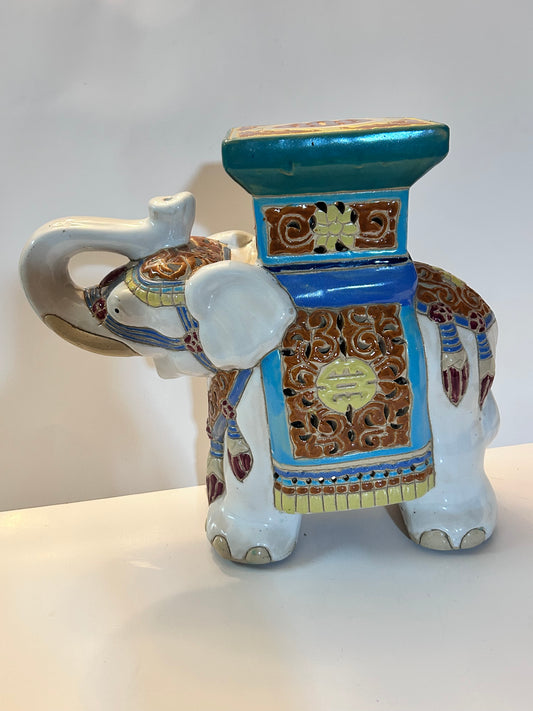 Vintage Chinese Export Style Ceramic Elephant Garden Stool / Plant Stand, 12”Tall, Chinoiserie Decor