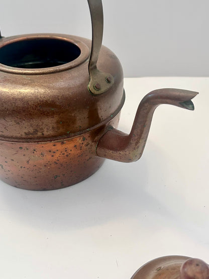 Antique English Copper Tea Kettle - c. 1920s - Gooseneck Wood Handle & Patina - Large