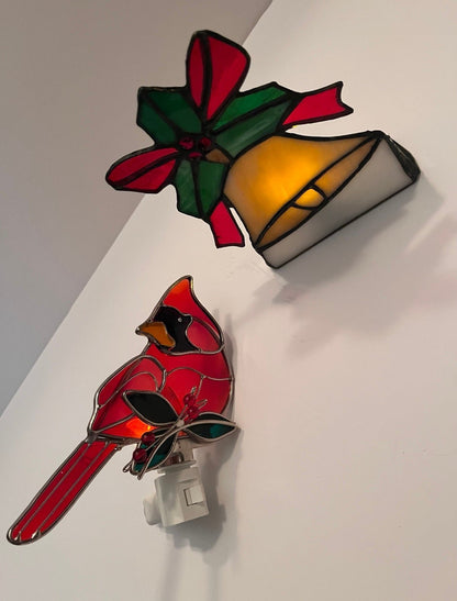 Vintage Stained Glass Christmas Bell & Cardinal Light Set